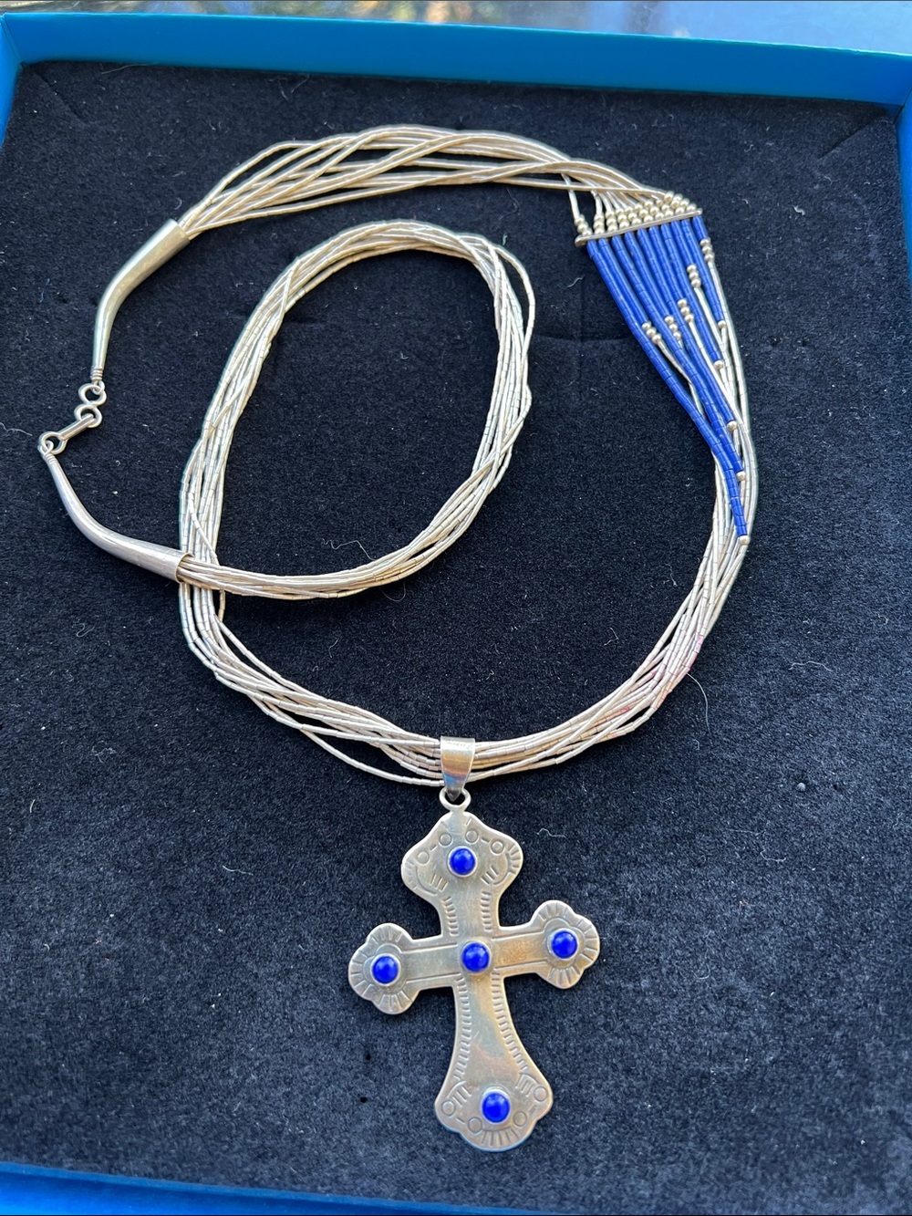 Handcrafted Silver Cross Necklace with Blue Accents stamped 925